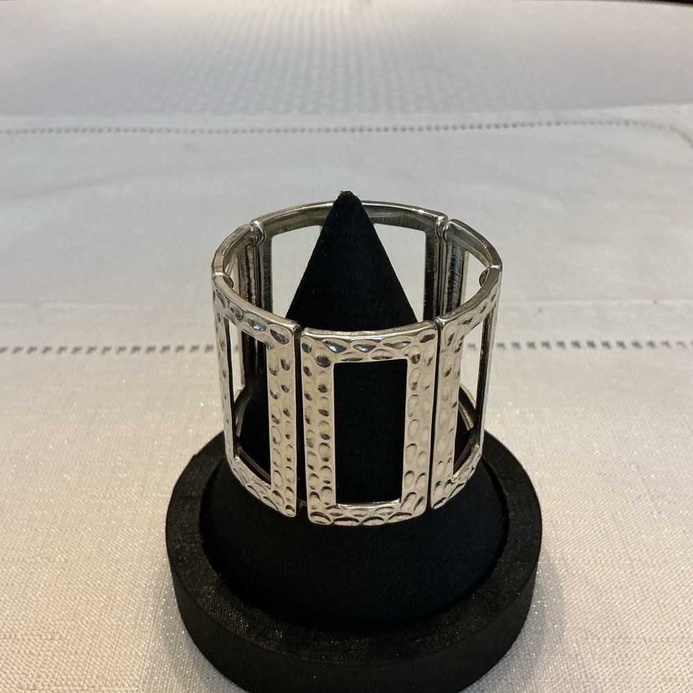 Rectangle Wide Silver Tone Stretch Bracelet